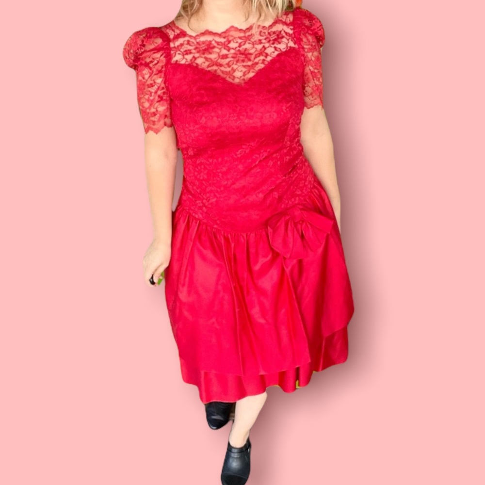 Vintage Bridal Originals Union Made red lace Christmas dress drop waist big bow